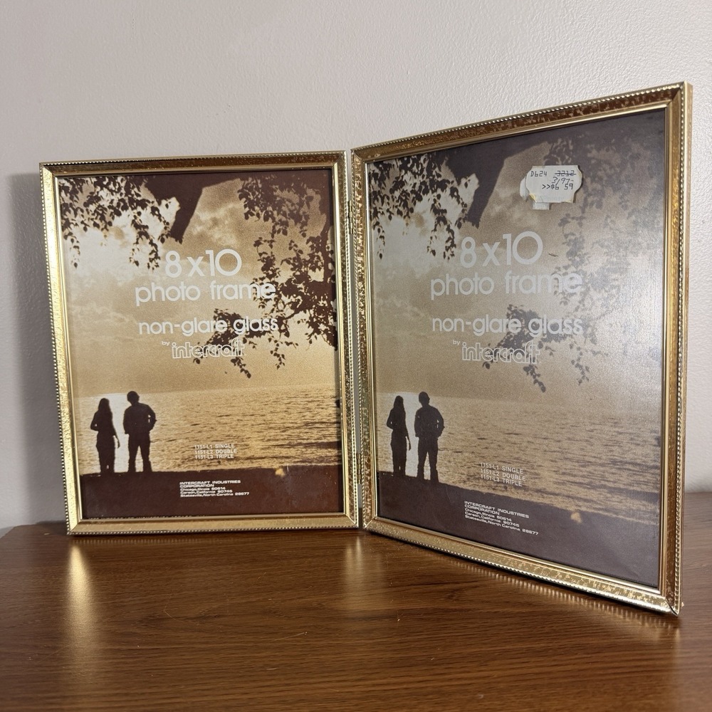 Vintage Intercraft Gold Tone Metal Double Hinged 8x10 Picture Frame Bi Fold